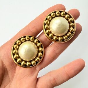 Vintage 1970s Chanel Glass Faux Pearl Gilt Oversized Clip-on Earrings